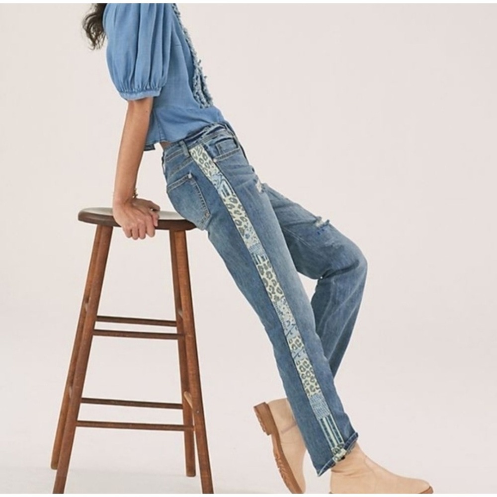PILCRO Slim Boyfriend Crop Jeans Distressed Patchwork Side‎ Stripe Blue Size 27